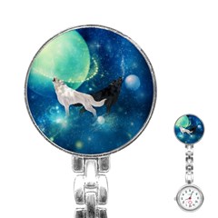 Awesome Black And White Wolf In The Universe Stainless Steel Nurses Watch by FantasyWorld7