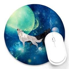 Awesome Black And White Wolf In The Universe Round Mousepads