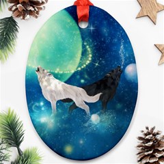 Awesome Black And White Wolf In The Universe Ornament (Oval)