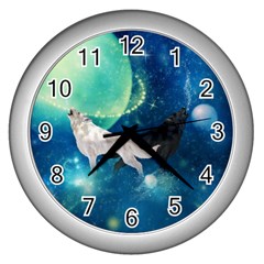 Awesome Black And White Wolf In The Universe Wall Clock (silver) by FantasyWorld7