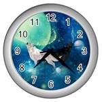 Awesome Black And White Wolf In The Universe Wall Clock (Silver) Front