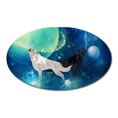 Awesome Black And White Wolf In The Universe Oval Magnet by FantasyWorld7