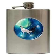 Awesome Black And White Wolf In The Universe Hip Flask (6 oz)