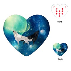 Awesome Black And White Wolf In The Universe Playing Cards (Heart)