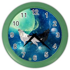 Awesome Black And White Wolf In The Universe Color Wall Clock