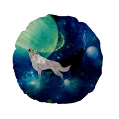 Awesome Black And White Wolf In The Universe Standard 15  Premium Round Cushions