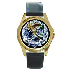 Spherical Science Fractal Planet Round Gold Metal Watch by Nexatart