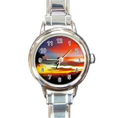 Sunset Mountain Indonesia Adventure Round Italian Charm Watch by Nexatart