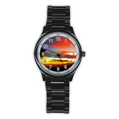 Sunset Mountain Indonesia Adventure Stainless Steel Round Watch by Nexatart