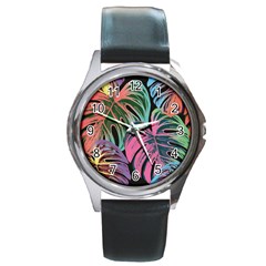 Leaves Tropical Jungle Pattern Round Metal Watch