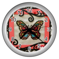 Cross Stitch Butterfly Wall Clock (silver) by DeneWestUK