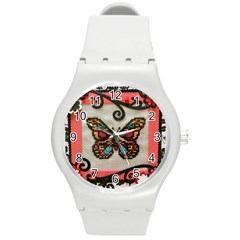 Cross Stitch Butterfly Round Plastic Sport Watch (m) by DeneWestUK