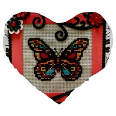 Cross Stitch Butterfly Large 19  Premium Flano Heart Shape Cushions by DeneWestUK