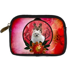 Cute Pemeranian With Flowers Digital Camera Leather Case by FantasyWorld7