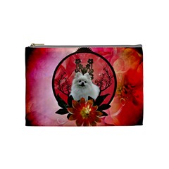 Cute Pemeranian With Flowers Cosmetic Bag (medium) by FantasyWorld7