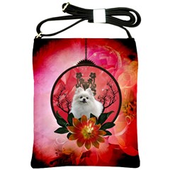 Cute Pemeranian With Flowers Shoulder Sling Bag by FantasyWorld7