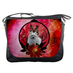 Cute Pemeranian With Flowers Messenger Bag by FantasyWorld7