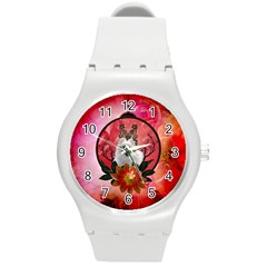 Cute Pemeranian With Flowers Round Plastic Sport Watch (m) by FantasyWorld7