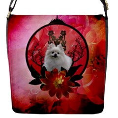 Cute Pemeranian With Flowers Flap Closure Messenger Bag (s) by FantasyWorld7