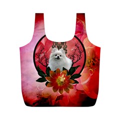 Cute Pemeranian With Flowers Full Print Recycle Bag (m) by FantasyWorld7