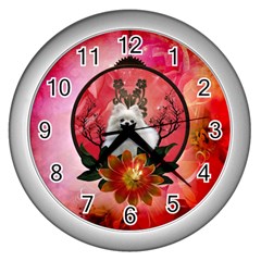 Cute Pemeranian With Flowers Wall Clock (silver) by FantasyWorld7