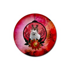 Cute Pemeranian With Flowers Rubber Coaster (round)  by FantasyWorld7