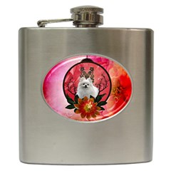 Cute Pemeranian With Flowers Hip Flask (6 Oz) by FantasyWorld7