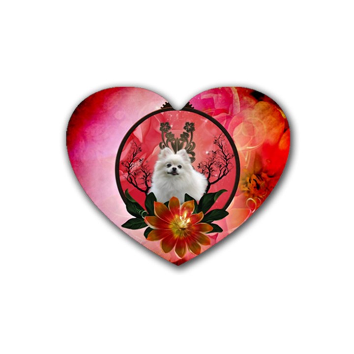 Cute Pemeranian With Flowers Rubber Coaster (Heart) 