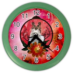 Cute Pemeranian With Flowers Color Wall Clock by FantasyWorld7