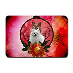 Cute Pemeranian With Flowers Small Doormat  by FantasyWorld7