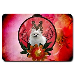 Cute Pemeranian With Flowers Large Doormat  by FantasyWorld7