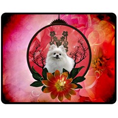 Cute Pemeranian With Flowers Fleece Blanket (medium)  by FantasyWorld7