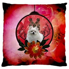 Cute Pemeranian With Flowers Large Cushion Case (two Sides) by FantasyWorld7