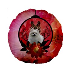 Cute Pemeranian With Flowers Standard 15  Premium Round Cushions by FantasyWorld7