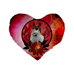 Cute Pemeranian With Flowers Standard 16  Premium Flano Heart Shape Cushions by FantasyWorld7