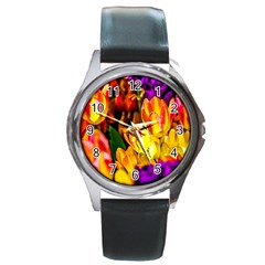 Fancy Tulip Flowers In Spring Round Metal Watch by FunnyCow