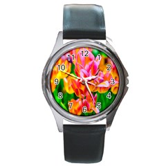 Blushing Tulip Flowers Round Metal Watch by FunnyCow