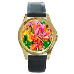 Blushing Tulip Flowers Round Gold Metal Watch by FunnyCow