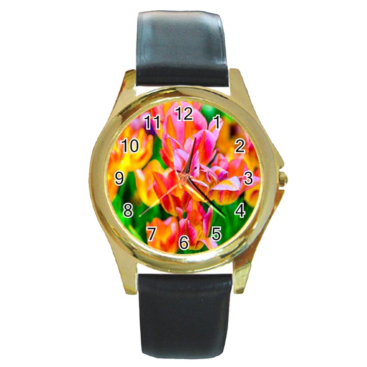 Blushing Tulip Flowers Round Gold Metal Watch