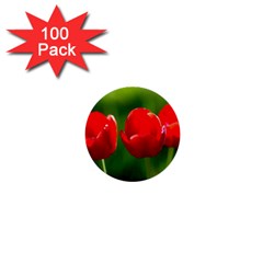 Three Red Tulips, Green Background 1  Mini Buttons (100 Pack)  by FunnyCow