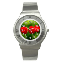 Three Red Tulips, Green Background Stainless Steel Watch by FunnyCow