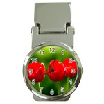 Three Red Tulips, Green Background Money Clip Watches Front