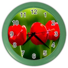 Three Red Tulips, Green Background Color Wall Clock by FunnyCow