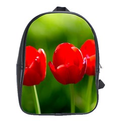 Three Red Tulips, Green Background School Bag (large) by FunnyCow