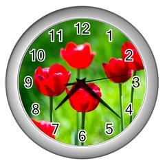 Red Tulip Flowers, Sunny Day Wall Clock (silver) by FunnyCow