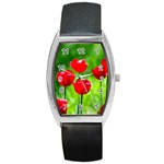 Red Tulip Flowers, Sunny Day Barrel Style Metal Watch Front