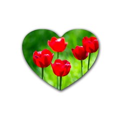 Red Tulip Flowers, Sunny Day Rubber Coaster (heart)  by FunnyCow