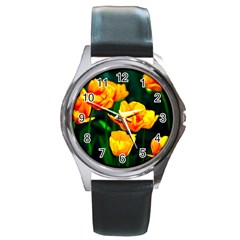 Yellow Orange Tulip Flowers Round Metal Watch by FunnyCow