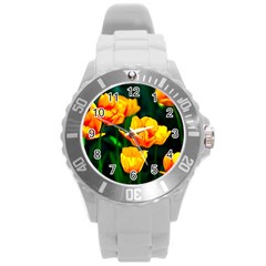 Yellow Orange Tulip Flowers Round Plastic Sport Watch (l) by FunnyCow