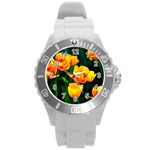 Yellow Orange Tulip Flowers Round Plastic Sport Watch (L) Front